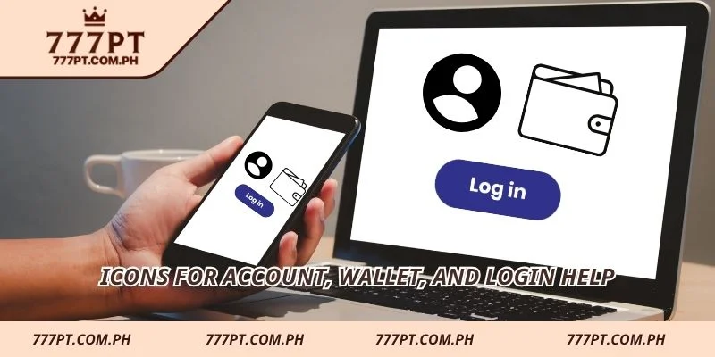 Icons for account, wallet, and login help