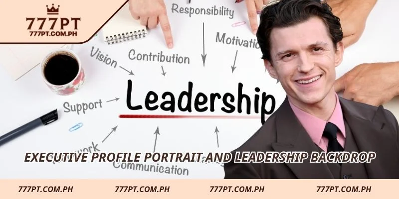 Executive profile portrait and leadership backdrop