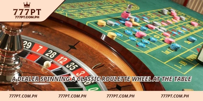 A dealer spinning a classic roulette wheel at the table