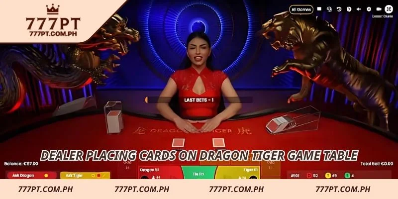 Dealer placing cards on Dragon Tiger game table