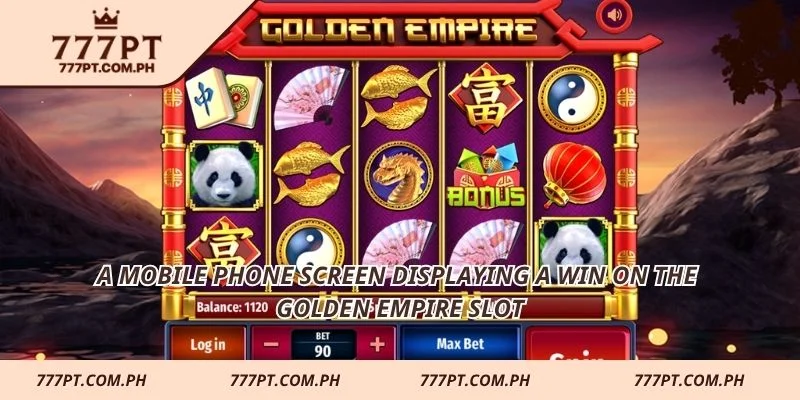 A mobile phone screen displaying a win on the Golden Empire slot