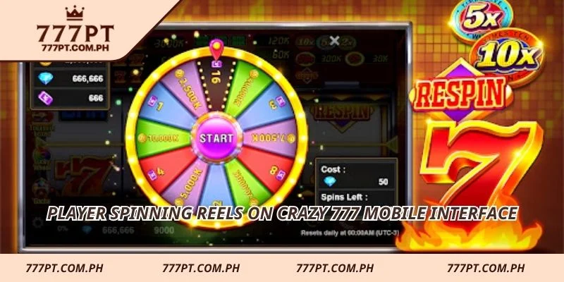Player spinning reels on Crazy 777 mobile interface