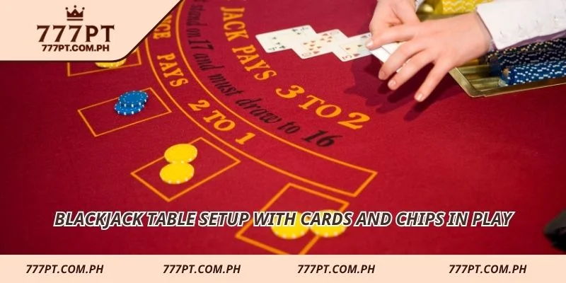 Blackjack table setup with cards and chips in play