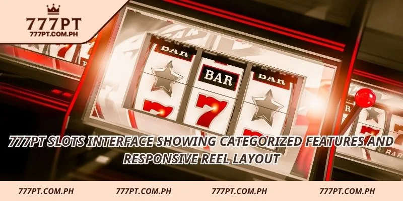 777PT Slots interface showing categorized features and responsive reel layout