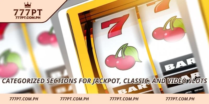Categorized sections for jackpot, classic, and video slots